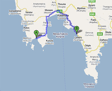 Karte mit Reiseroute von Finikounda nach Stoupa
