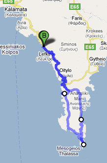 Karte Strecke Stoupa - Kap Tenaro